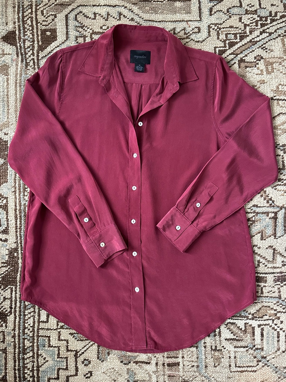 Magaschoni 100% Silk Blouse Burgundy Wine Button Front Long Sleeve M